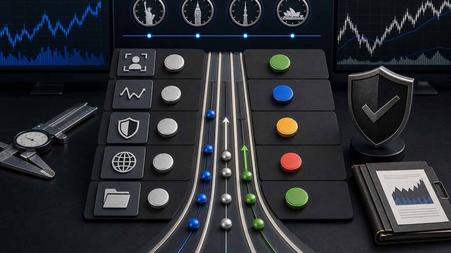 Forex program comparison with session clocks, execution routes and risk controls