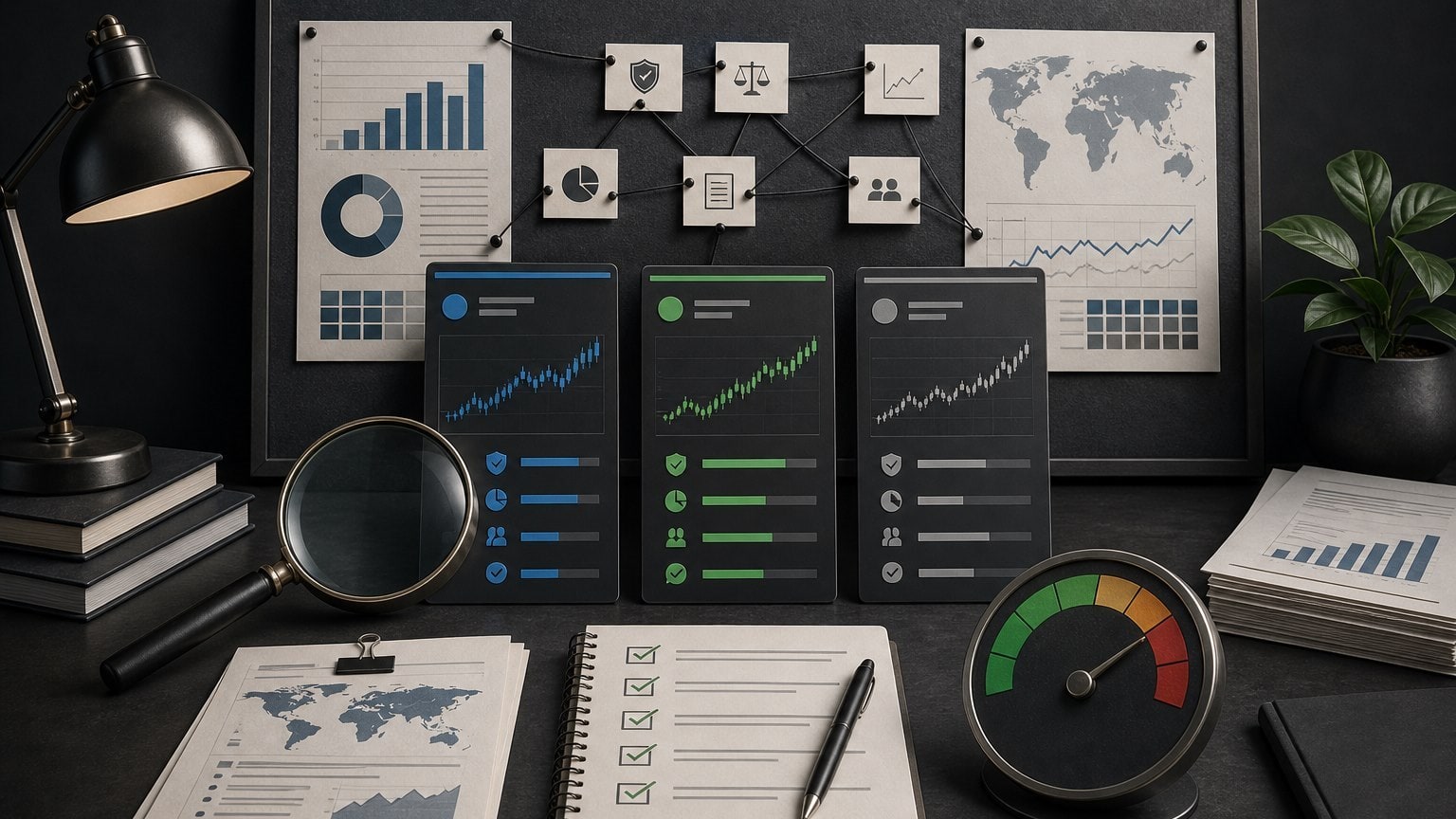 Evidence board comparing prop-firm scores, sources and risk indicators